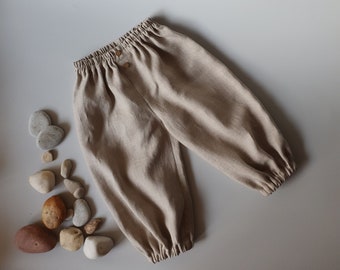 Neutre pour bébé, vêtements pour tout-petits, pantalon ample en lin en tissu naturel certifié Oeko Tex, vêtements pour bébé neutres bohèmes