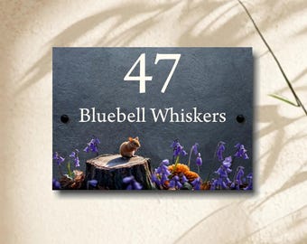 Bluebell and Mouse Slate House Sign, Riven Finish