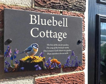 Blue Tit Slate House Sign, Personalised Address Plaque