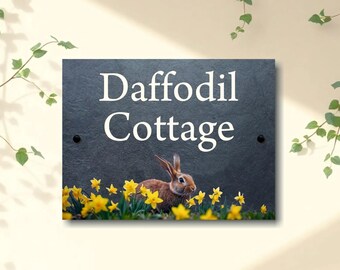 Rabbit & Daffodils Slate House Sign, Personalised Cottage Decor