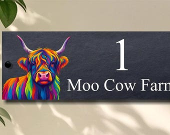 Vibrant Highland Cow Slate House Sign – Personalised Farmhouse Door Plaque