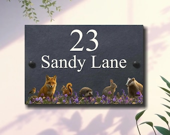 Woodland Animal & Wildflower Slate House Sign – Personalised Natural Slate Address Plaque