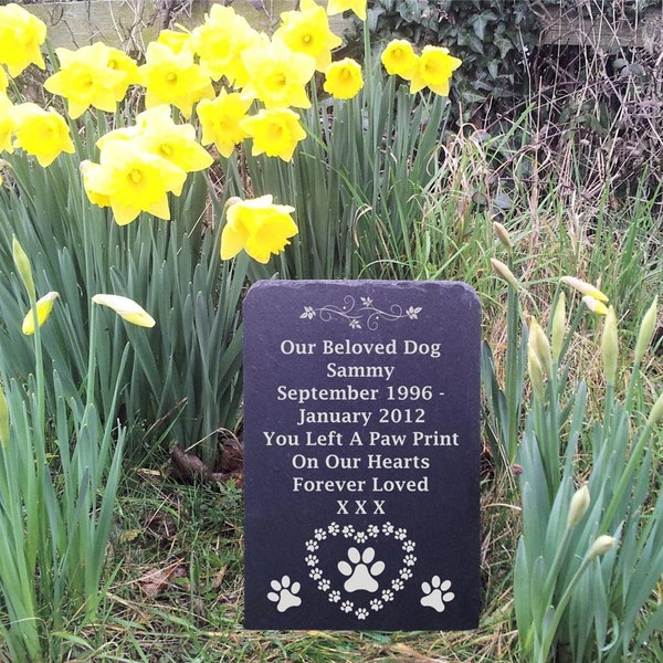 Dog Paw In Heart Personalised Memorial Exterior Slate Headstone Scroll Garden Cemetery Three Sizes FS16