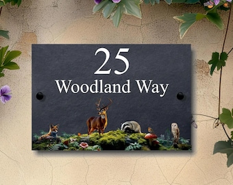 Friends of the Forest Slate House Sign – Wildflower & Woodland Animal Address Plaque