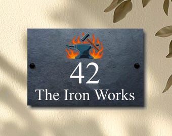Riven Slate House Sign: Anvil & Hammer Design, Custom Address Plaque