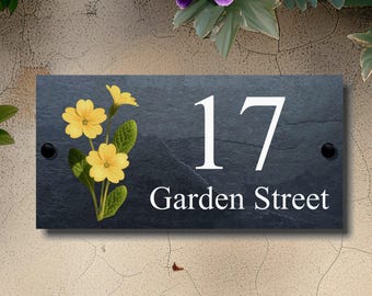Primrose Slate House Sign, Riven Natural Stone, UV Printed