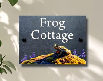 Bluebell and Frog Slate House Sign, Personalised Cottagecore Decor