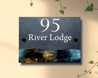 Brown Trout River Scene Slate House Sign, Four Sizes