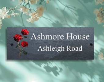Roses Slate House Sign, Riven Natural Stone