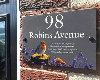 Robin Slate House Sign with Poem, Custom Address Plaque