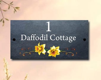 Personalised Daffodil Scroll Design Sign on Quality Riven Natural Slate 5 Sizes Available D2