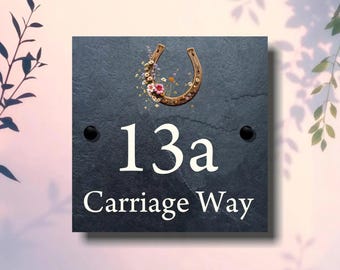 Horseshoe Slate House Sign – Wildflower Accent, Personalised Number & Street