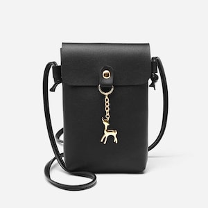 Mini Black Leather Crossbody Bag, Deer Charm, Cell Phone Purse