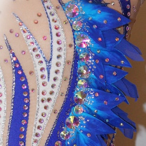 May include: A close-up of a blue and white leotard with rhinestones. The leotard has a blue and white striped pattern and a blue and turquoise flower design on the right shoulder.