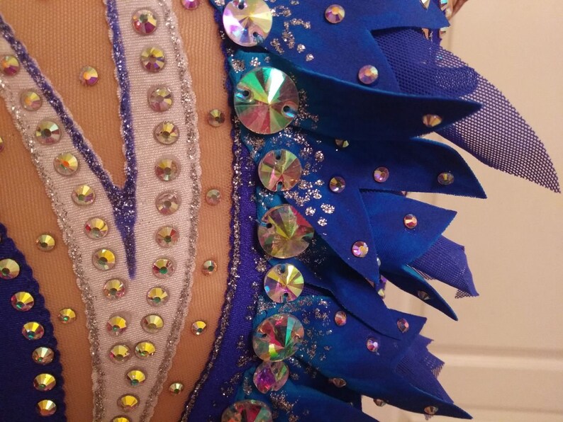 May include: Close-up of a blue leotard with silver and iridescent rhinestones. The leotard has a V-shaped neckline and a blue and white design. The fabric is sparkly and has a textured look.