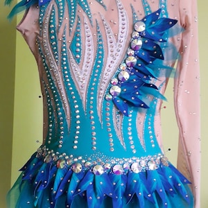 May include: A turquoise and blue leotard with a long sleeve design. The leotard is decorated with rhinestones and feathers. The leotard has a skirt with a scalloped edge.