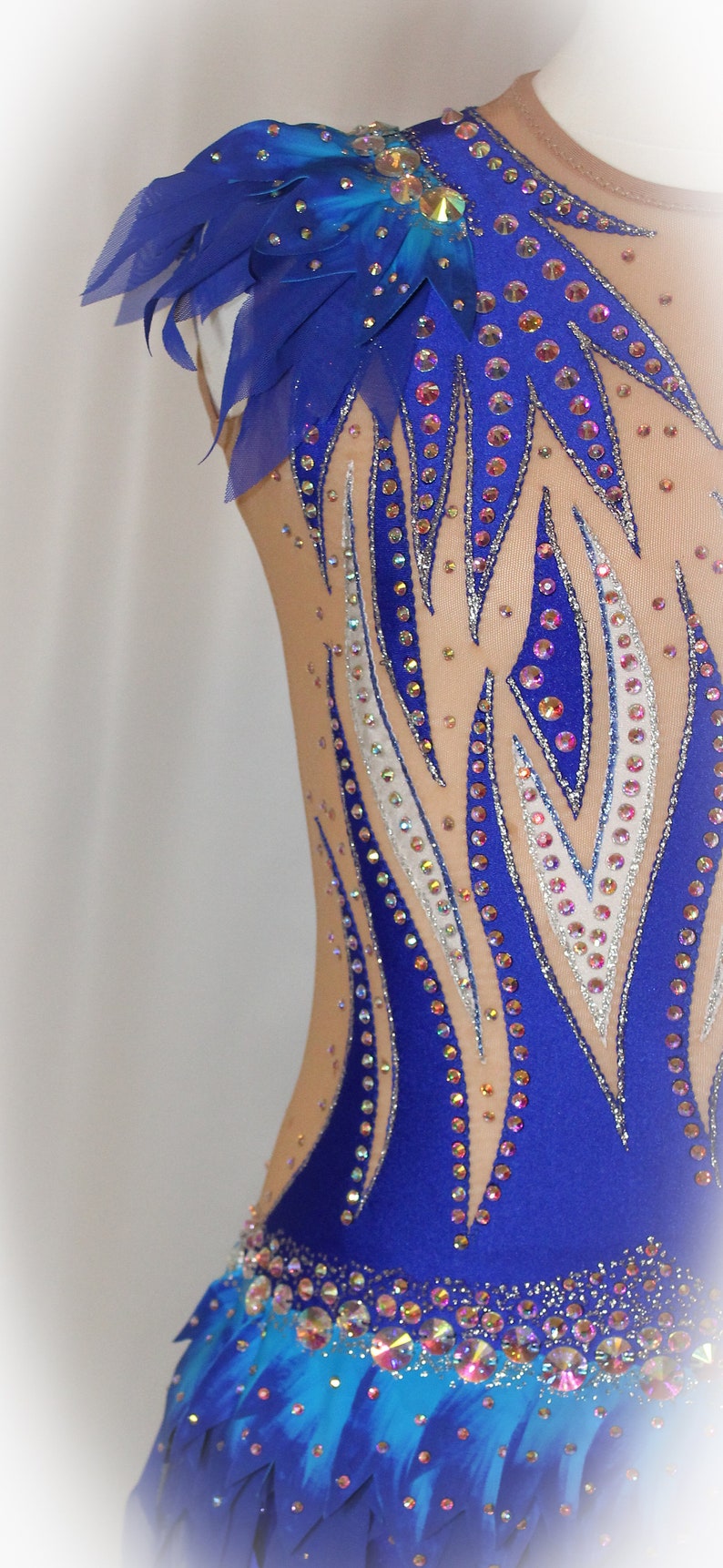 May include: A blue and teal leotard with a feathered design and rhinestones. The leotard has a sheer mesh bodice and a fitted skirt.
