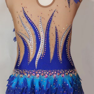 May include: A blue and teal leotard with a sheer bodice and a feathered skirt. The bodice is decorated with rhinestones and a white design. The skirt is made of multiple layers of blue fabric.