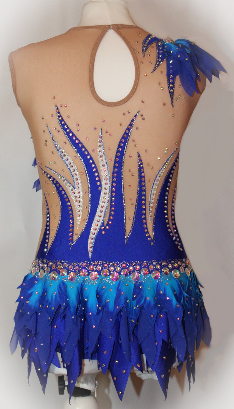 May include: A blue and teal leotard with a sheer bodice and a feathered skirt. The bodice is decorated with rhinestones and a white design. The skirt is made of multiple layers of blue fabric.