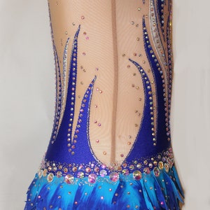 May include: A blue and turquoise leotard with a layered skirt and rhinestones. The leotard has a sheer bodice and a blue and white design.