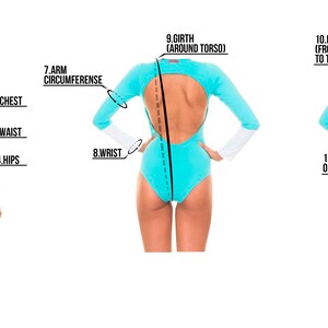 May include: Diagram showing measurements for a turquoise long-sleeved bodysuit with a V-neck and a low back. Measurements include neck, shoulder, sleeve, chest, waist, hips, arm circumference, wrist, back length, and skirt length.