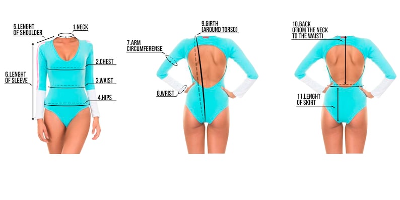 May include: Diagram showing measurements for a turquoise long-sleeved bodysuit with a V-neck and a low back. Measurements include neck, shoulder, sleeve, chest, waist, hips, arm circumference, wrist, back length, and skirt length.