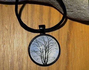 Black and White Winter Tree Necklace (with black cord)