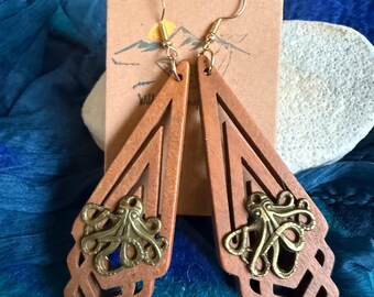 Wooden Octopus Dangle Earrings