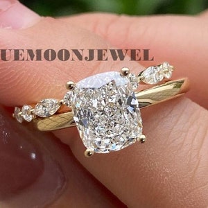 Crushed Ice Elongated Cushion Moissanite Ring Set Cushion Hidden Halo Moissanite Engagement Ring Set Yellow Gold Bridal Set