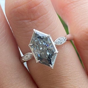 Moissanite Engagement Ring, Dutch Marquise Grey Moissanite Ring, Unique Moissanite Bridal Ring 14k Rose Gold Solitaire Ring, 3 Stone Ring