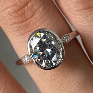 Oval Grey Moissanite Ring Solitaire, 2.50ct Oval Bezel Set Moissanite Ring, Cathedral Oval Engagement Ring