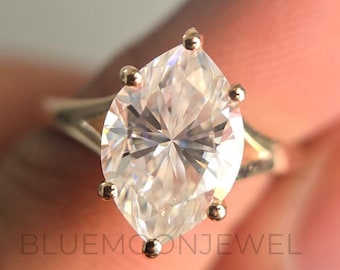 Hybrid Marquise Cut Moissanite Engagement Ring Solitaire 14K Rose Gold