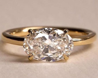 2 CT Oval Lab Grown Diamond Engagement Ring, IGI East West Solitaire Gold