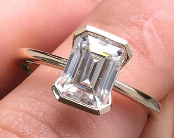 1.70CT Emerald Cut Moissanite Engagement Ring in 14K Solid Gold Half Bezel