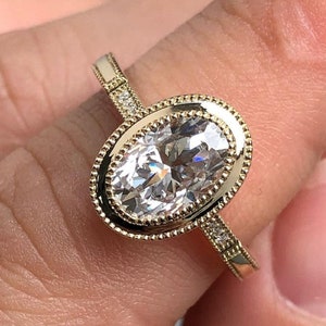 oval bezel moissanite ring, Oval Moissanite Engagement Ring, 2 Ct Moissanite Engagement Ring Oval Diamond Ring, Real 14k Yellow Gold Ring