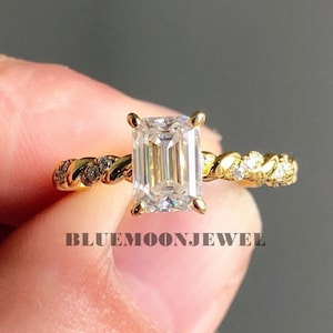 Emerald cut Moissanite Engagement Ring, Twisted Band Solid Yellow Gold Ring, Daily Wear Jewelry For Women, Anniversary Gift For Wife