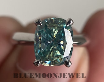 2 kt groenblauwe kussengeslepen moissaniet verlovingsring 14k witgouden moissaniet ring kussen geslepen gouden sieraden