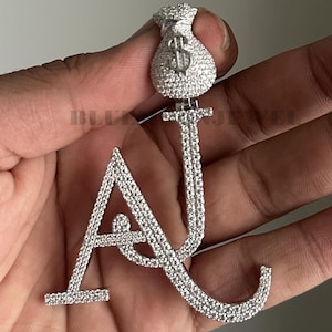 Colgante personalizado con moissanita, inicial y nombre, con lazo para bolsa de dinero, colgante VVS Hip Hop personalizado en plata de ley 925