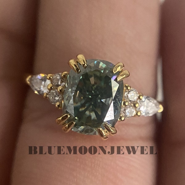 Classic Art Deco Style Green Moissanite Ring, Elongated Cushion Cut Moissanite Ring, 3 Stone White Gold Engagement Ring