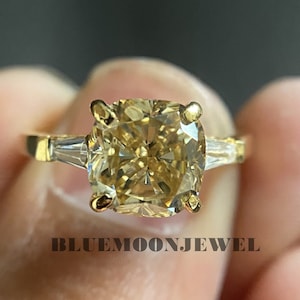 Yellow Cushion Cut Moissanite Ring Three Stone Moissanite Engagement Ring Cushion Taper Baguette Yellow Gold Wedding Anniversary Ring