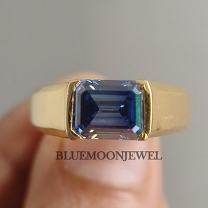 Solitaire Mens Moissanite Ring, Royal Blue Emerald Cut Engagement Ring, East West Emerald Cut Moissanite Ring, Yellow Gold Men Ring