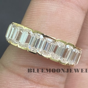 Moissanite Emerald Eternity Band, Moissanite Full Eternity Ring, Emerald Eternity Band Yellow Gold