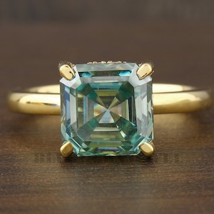 Asscher Blue Green Moissanite Ring Solitaire Hidden Halo Engagement Ring Solid Yellow Gold Moissanite Wedding Ring