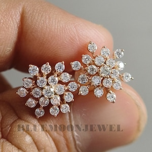 Round Moissanite Cluster Flower Stud Earrings, Flower Style Earrings For Women, Wedding Earrings for Her, Screw Back Earrings