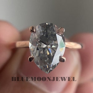 Solitaire Grey Moissanite Ring, Pear Cut Moissanite Engagement Ring, Rose Gold Moissanite Diamond Wedding Anniversary Rings, Perfect Gifts