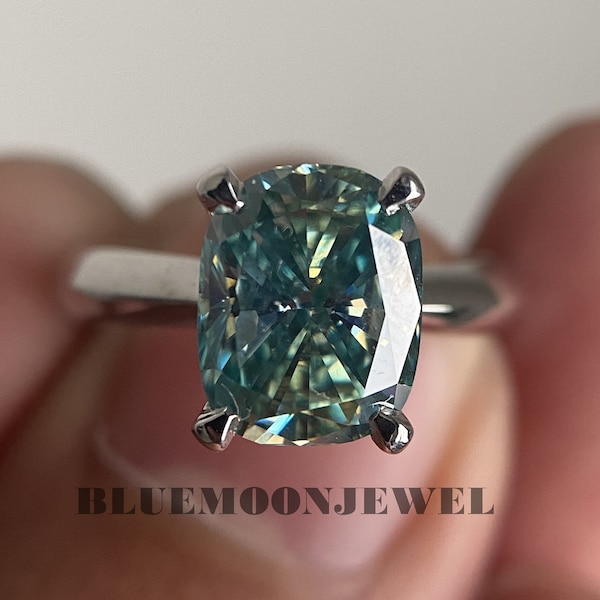 2ct Green Blue Cushion Cut Moissanite Engagement Ring 14k White Gold Moissanite Ring Cushion Cut Ring Gold Jewelery