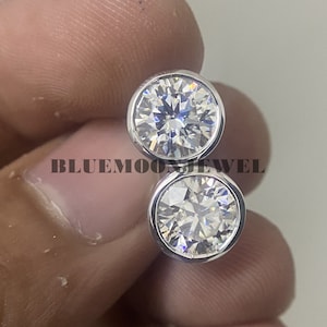 Moissanite Diamond Stud Earrings, Bezel Set Diamond Studs, 2ct 4ct Round Cut Moissanite White Gold Women Earrings