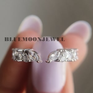 Marquise & Round Cut Moissanite Wedding Band, Open Cuff Colorless Moissanite Half Eternity Band, Open Band To Match With Engagement Ring.