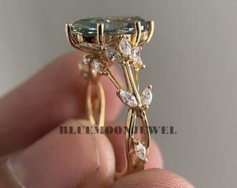 Blue Green Marquise Cut Moissanite Vintage Art Deco Engagement Ring in Solid Yellow Gold
