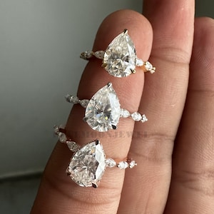 1.95Ct Pear Shaped Moissanite Engagement Ring, Pear Solitaire Ring With Marquise Accent Ring, Invisible Hidden Halo Moissanite Ring